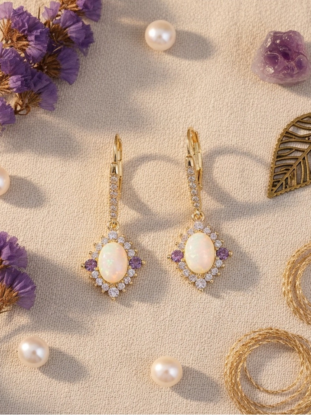 Vintage Glam Oval Opal, Amethyst Sparkle Earrings Coquette Old Money Princess